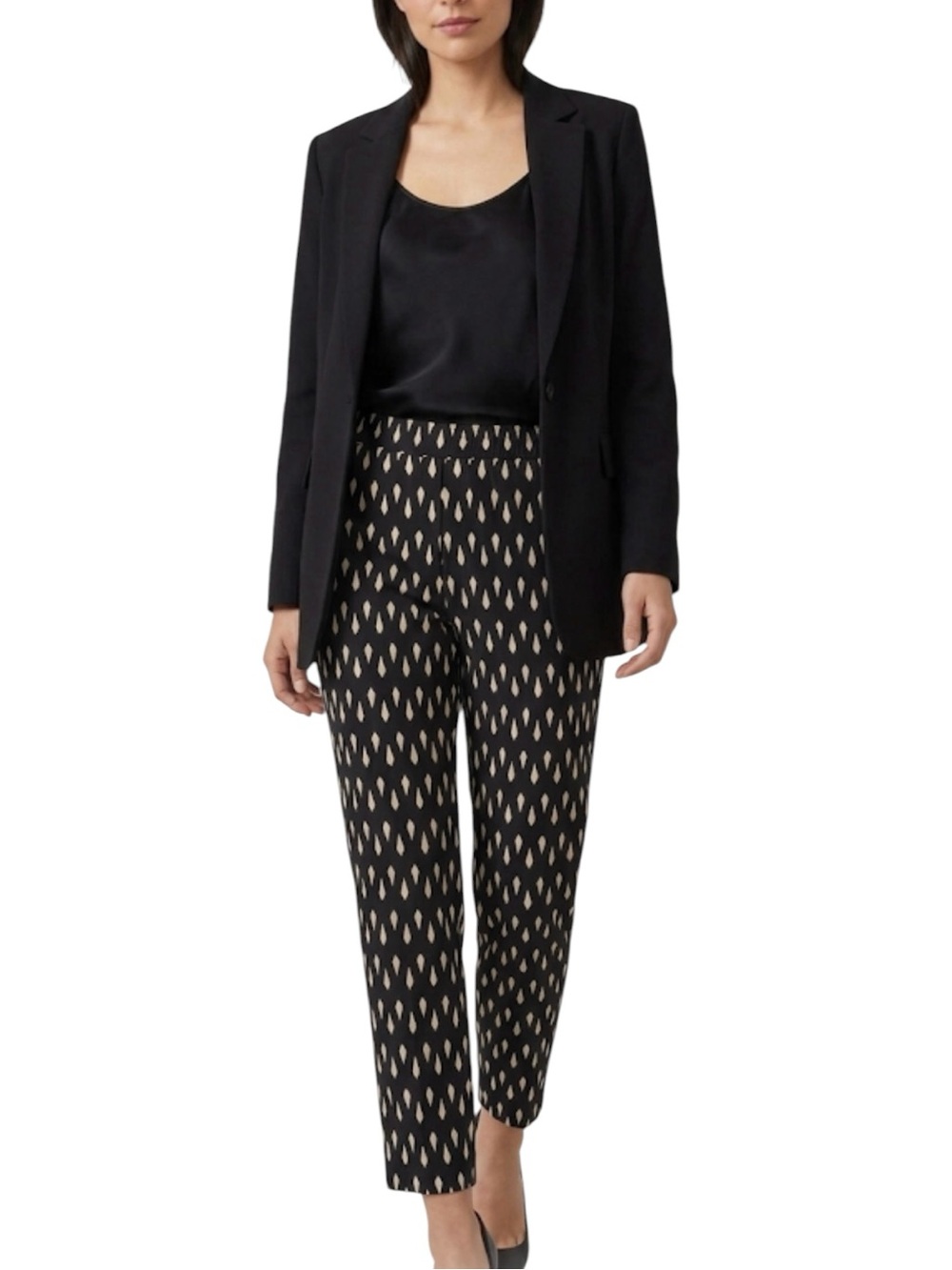 Mona B Black Cream Geometric Print Tapered Leg Lightweight Pants